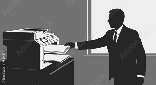 Businessman operating office printer with documents in the workplace