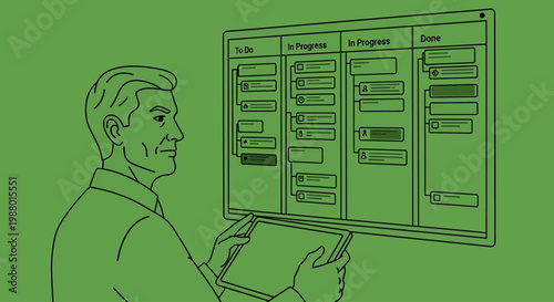 Businessman tracking project tasks on a digital Kanban board