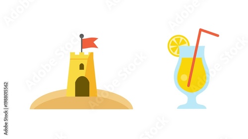 Summer Sandcastle And Fresh Drink. Summer Icon concept. Full length Icon animation illustration. High quality 4k footage