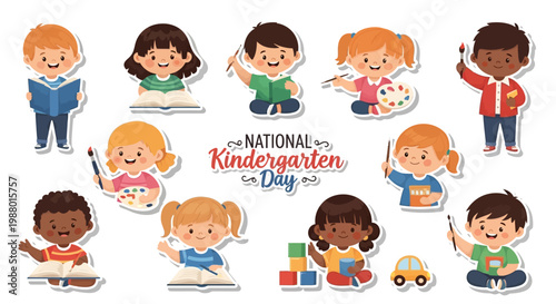 Playful education is celebrated in this colorful illustration showing diverse kindergarten students joyfully engaged in classroom activities like reading, painting, and playing with blocks