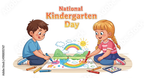 An illustration celebrates National Kindergarten Day with two cheerful children drawing together on a large sheet of paper, surrounded by crayons and colorful shapes, against a clean white