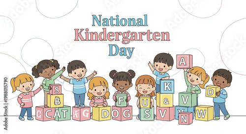 Charming cartoon illustration celebrating National Kindergarten Day, featuring diverse children joyfully playing with alphabet blocks in a brightly colored, playful educational setting