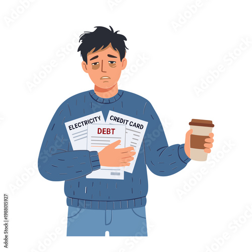 A stressed man holds debt papers and a coffee cup in a worried expression.