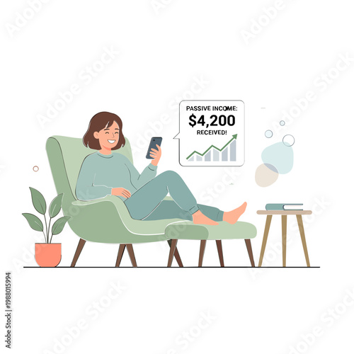 Woman relaxing on sofa receives passive income on phone with laptop and plant nearby