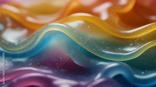 Macro of Colorful Slime Sheets Stretching and Folding Slowly, Soft Tactile Reflections, Whimsical Abstract Motion