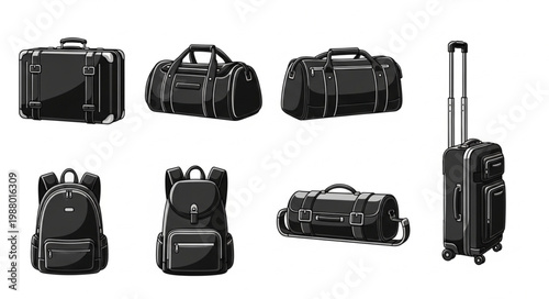 Collection of various black travel bags and luggage.