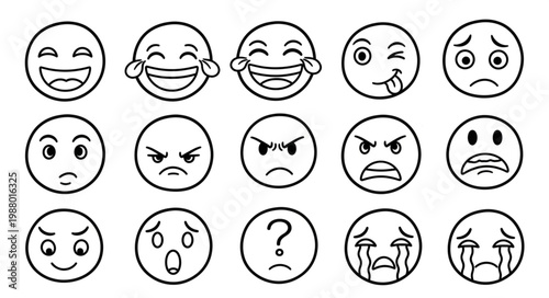 Collection of Hand Drawn Emoji Faces Expressing Various Emotions.