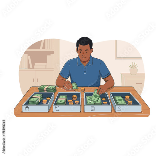 Man counting money in boxes on a table in an office