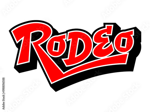 Dynamic "RODEO" wordmark in vibrant red and black with a bold 3D drop shadow and stylized typography.