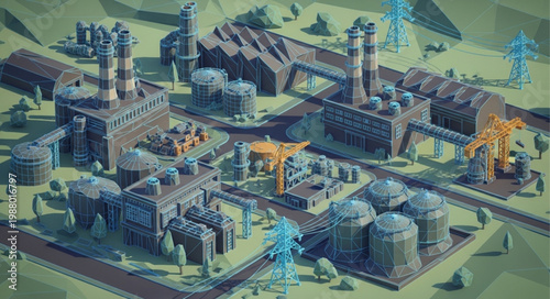 Industrial factory complex with smokestacks and power lines.
