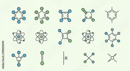 Collection of chemical molecular structures and atomic models.