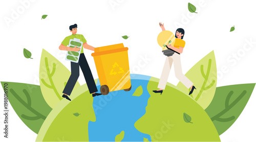 Sustainability concept illustration with eco lifestyle, waste sorting, and environmental protection in minimal flat design