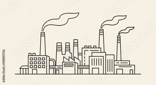 Industrial factory with smoke stacks emitting pollution.