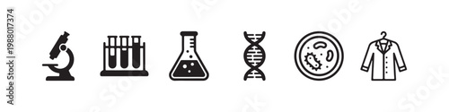 A set of icons representing biological research, laboratory diagnostics, and clinical science.