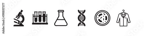 A set of icons representing biological research, laboratory diagnostics, and clinical science.