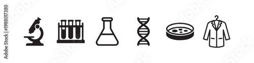 A set of icons representing biological research, laboratory diagnostics, and clinical science.