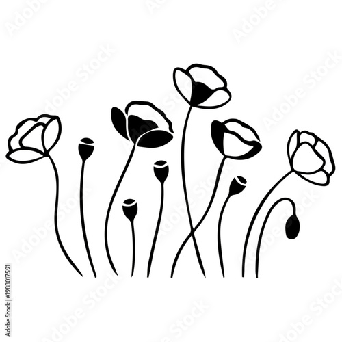 Black and white vector illustration of flower blossom with floral leaves and nature elements in a silhouette art style for a summer garden wallpaper decoration or invitation card design