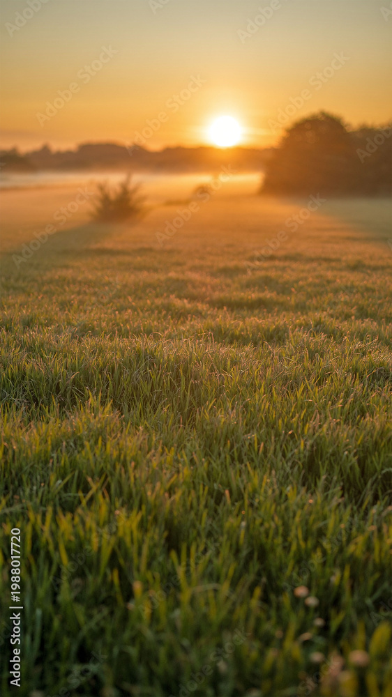 Obraz premium Beautiful sunset over green meadow field with golden sunlight flare and dramatic cloudy sky in countryside