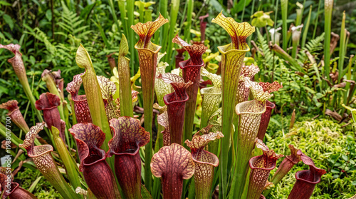 Pitcher plants growing in a lush garden with pitcher plant carnivorous plant sarracenia insectivore botanical predator close-up beautiful vegetation ecosystem adaptation survival