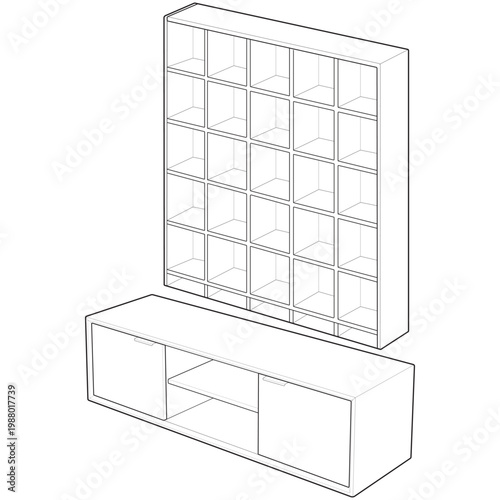 Isometric wall mounted grid shelving and open center media console linear drawing