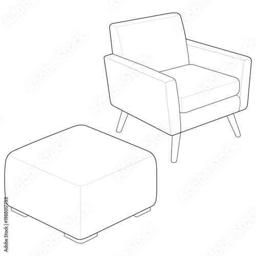 Isometric track arm armchair and broad ottoman bundle linear drawing