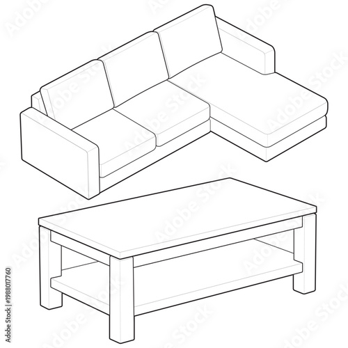 Isometric modular l shape sectional sofa and 2 tier coffee table linear drawing