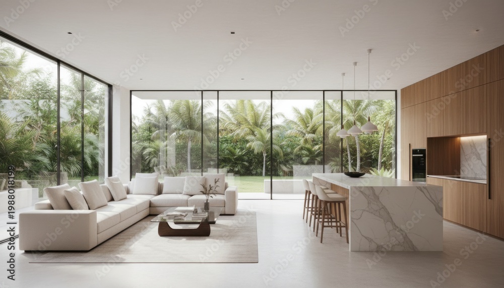 Fototapeta premium Minimalist luxury villa interior, open plan living room and marble kitchen, modern tropical home with floor to ceiling windows and garden view