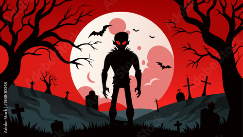 Silhouette of a person standing under a full moon in a dark forest