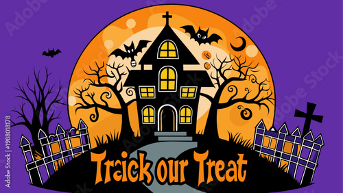 Halloween trick or treat sign with spooky tree and full moon