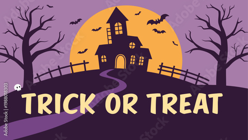Halloween haunted house with jack-o-lantern and trick or treat sign
