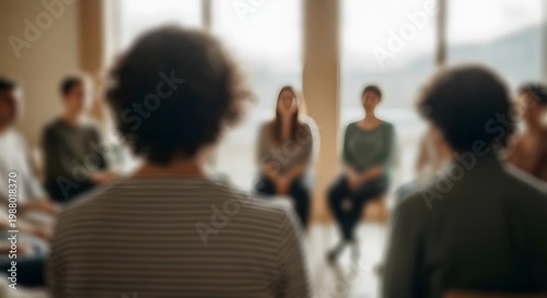 Blurred view of a group of people standing in a bright modern interior space facing forward
