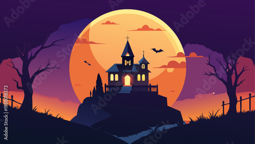 Astronaut sitting under a large orange moon in a surreal landscape