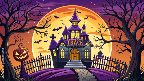 A fantasy castle surrounded by dark and twisted trees in a moonlit forest