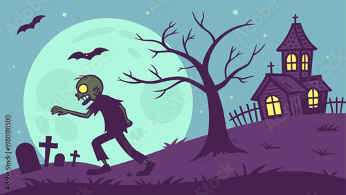 A spooky halloween scene with a witch flying over a castle