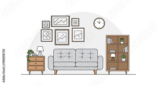 A cozy living room interior features a gray sofa artwork a clock and potted plants