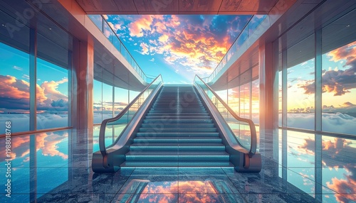 Escalator Leading to Bright Futuristic Sky.
