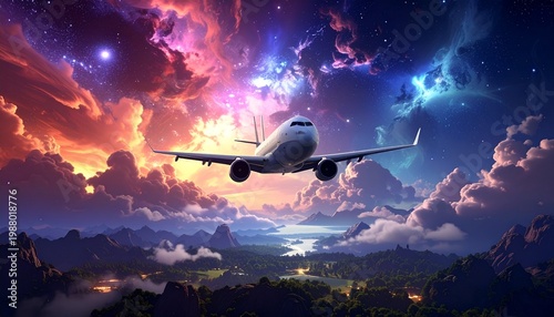 Airplane Flying Through Vibrant Cloudy Sky.