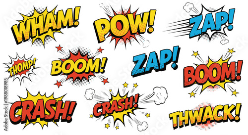 Collection of colorful comic book action sound effects