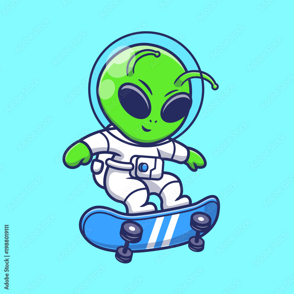 Obraz premium Cute Alien Astronaut Playing Skateboard Cartoon
