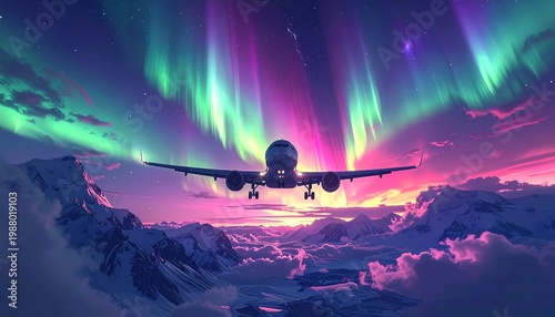 Airplane Flying Through Vibrant Aurora Borealis Display.