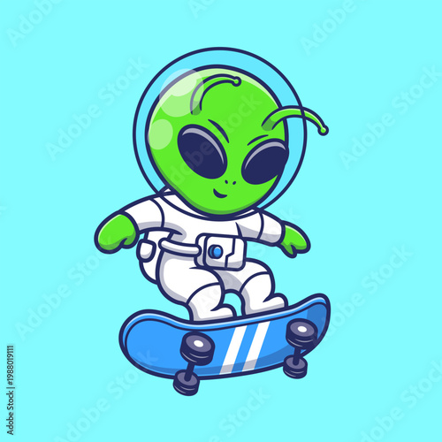 Cute Alien Astronaut Playing Skateboard Cartoon