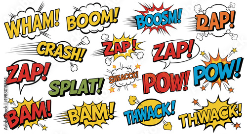 Collection of colorful comic book sound effect onomatopoeia bubbles
