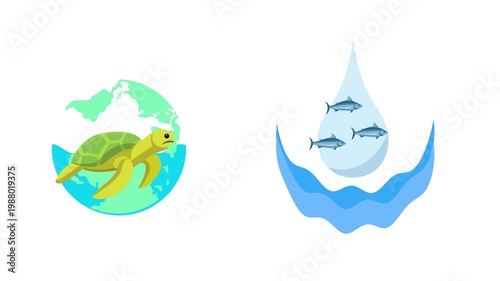 Turtle And Water Drop Ocean Day.World Ocean day Icon concept. Full length Icon animation illustration. High quality 4k footage