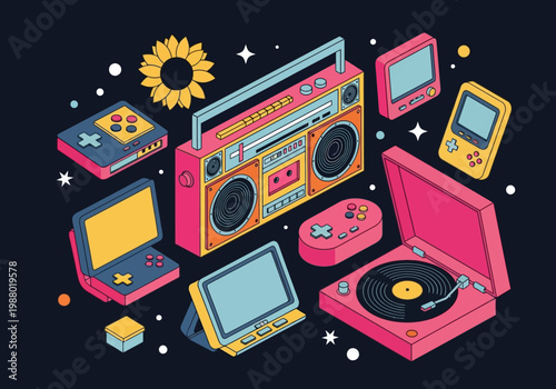 Retro 80s and 90s Nostalgia Vector Illustration with Boombox, Record Player, and Handheld Gaming Consoles on Dark Background