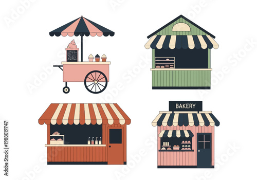 Set of Street Food Stalls and Market Kiosk Illustrations, Including Bakery and Ice Cream Cart Icons in Flat Design Style