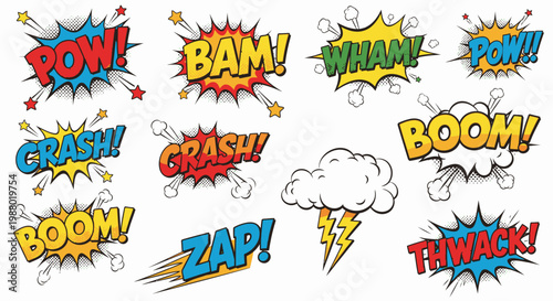 Collection of colorful comic book sound effect speech bubbles