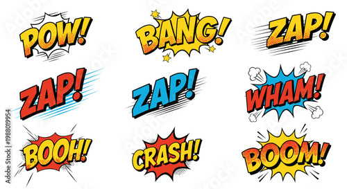 Collection of colorful comic book style action sound effects