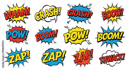Collection of colorful comic sound effects on white background