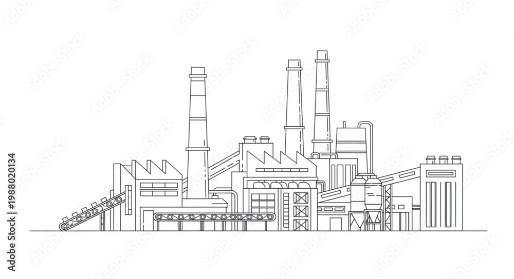 Obraz premium Industrial Factory Building with Smokestacks Sketch.