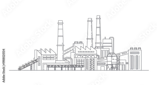 Industrial Factory Building with Smokestacks Sketch.